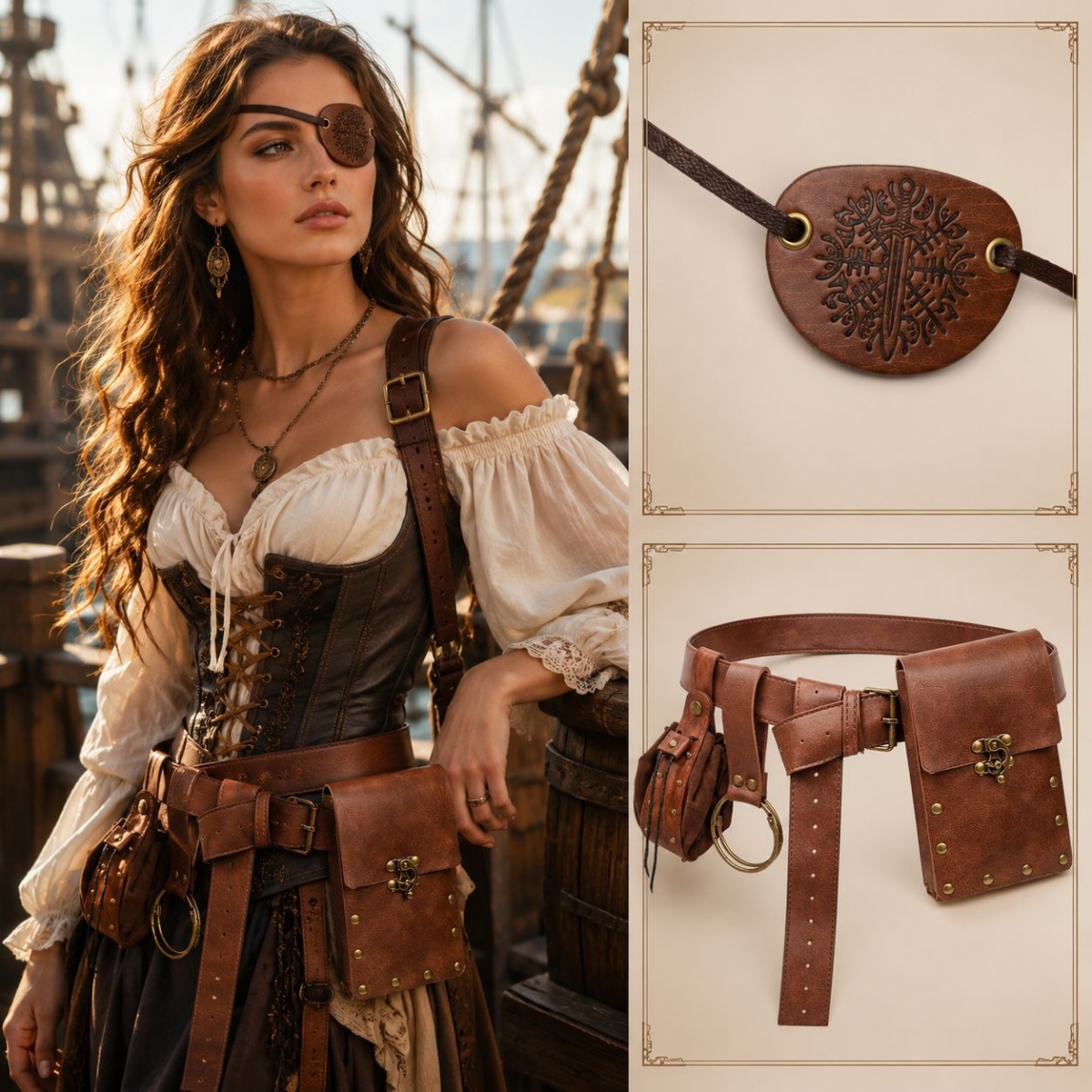 Costumes - 中世風のレトロベルト、ポーチ、アイマスク、水筒用フック、ルネサンス時代の衣装のアクセサリー。ハロウィーンの衣装に最適。